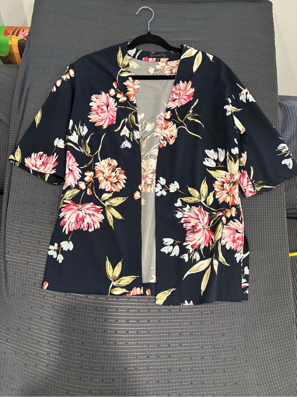 Floral Open Front Kimono Jacket - Navy with Pink Blooms